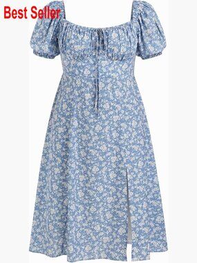 Polyester Summer Midi Dress with Square Neck and Puff Sleeves